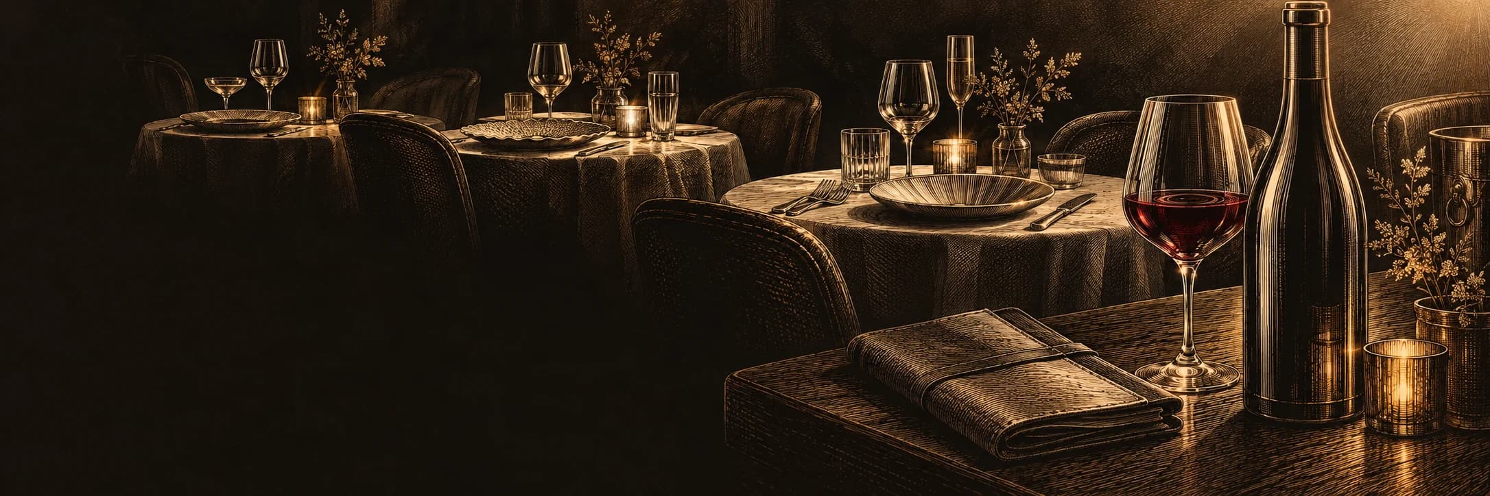 An engraving of a dining room with set tables, and a bottle and a glass of red wine in the foreground