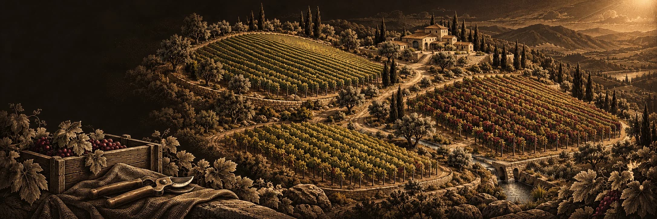 An engraving of a hillside vineyard with three plots of vines, a stone farmhouse and a harvest crate