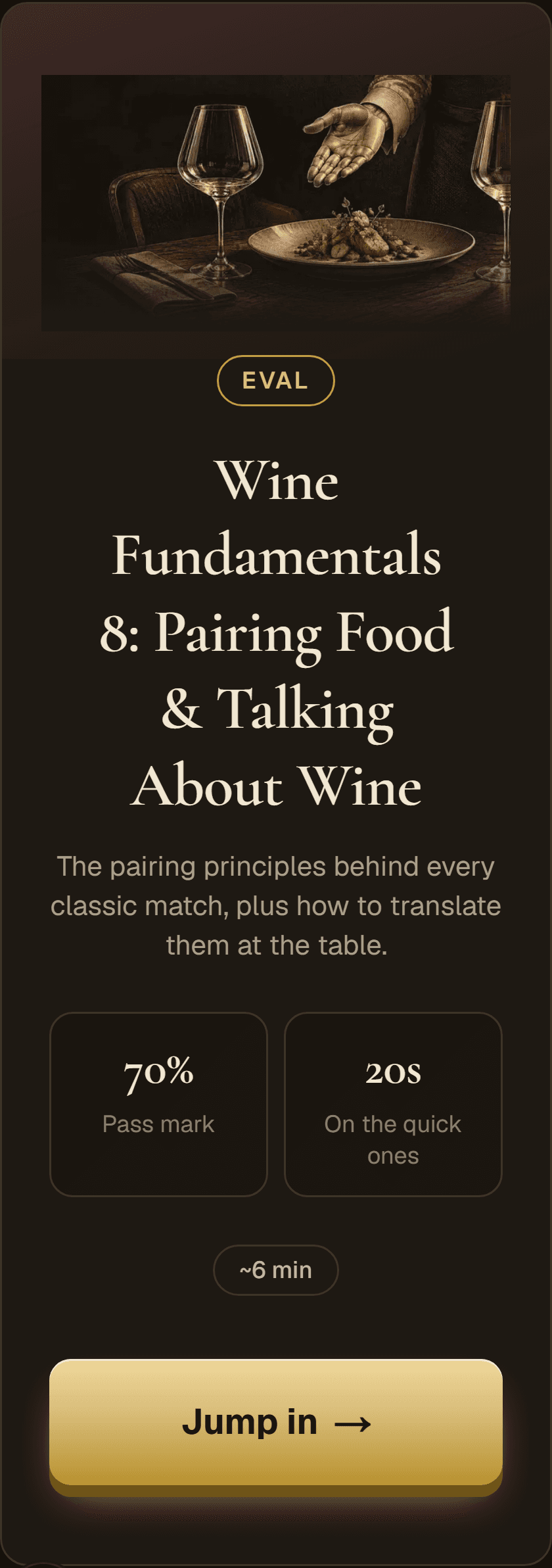 A training module start screen on a phone: Wine Fundamentals 8, Pairing Food and Talking About Wine, with a Jump in button